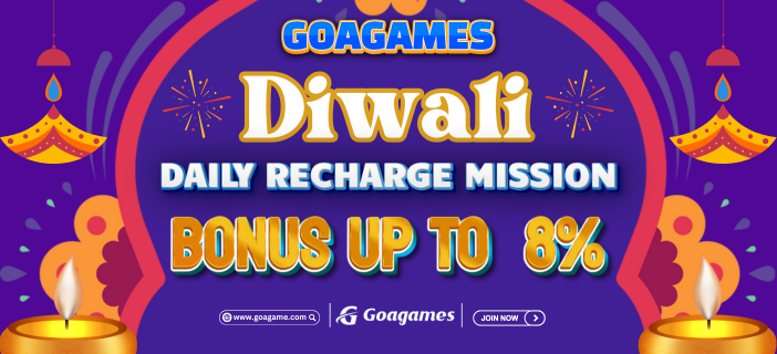 GoaGames promotional banner for the Diwali Daily Recharge Mission Bonus offer, featuring up to 80% bonus for players during Diwali celebrations.