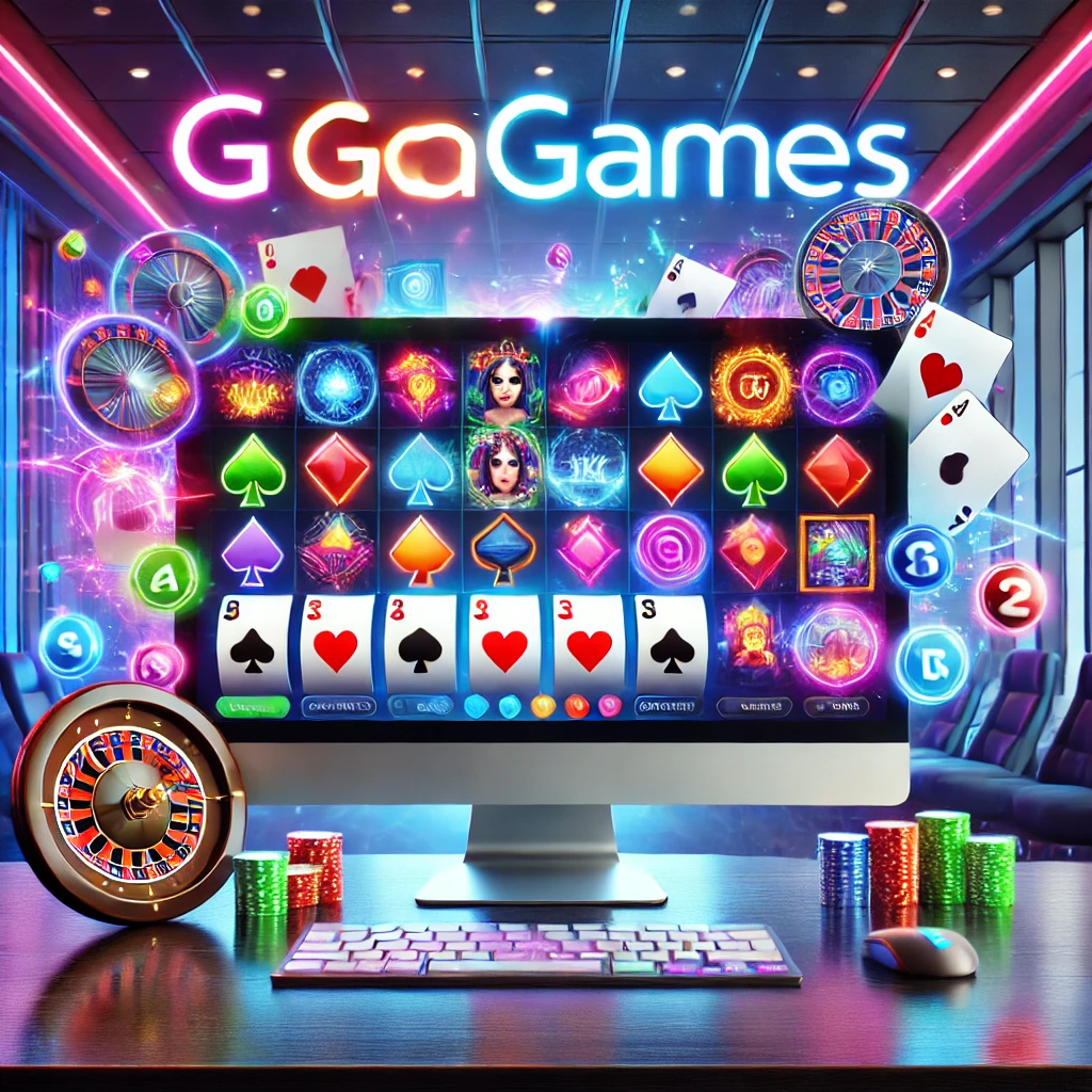 Online gaming theme featuring a glowing computer screen with diverse game icons, including slots, poker cards, and a roulette wheel, with the text 'G GoaGames' prominently displayed.