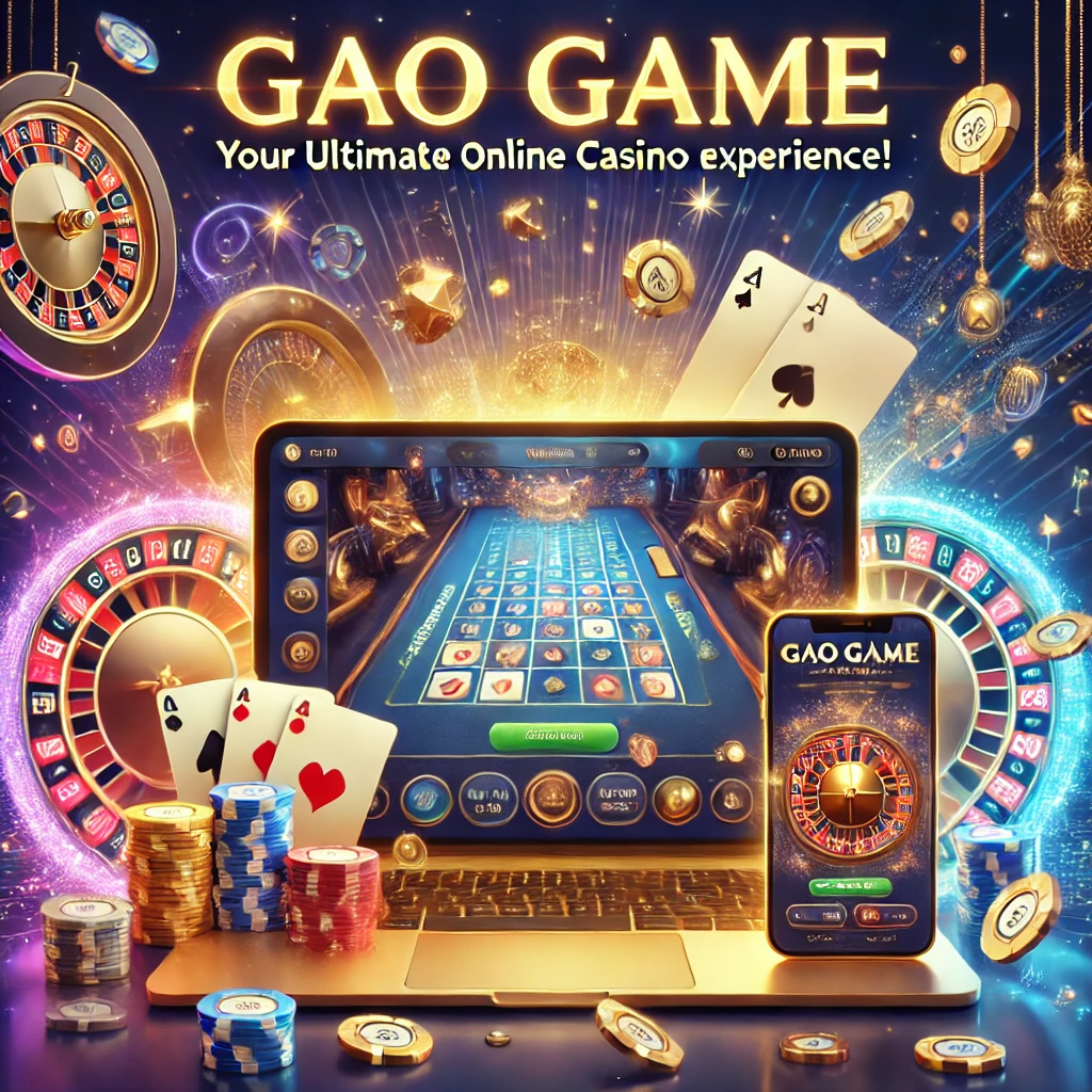 Promotional banner for Gao Game showcasing an online casino theme with a laptop, smartphone, roulette wheel, playing cards, and poker chips.