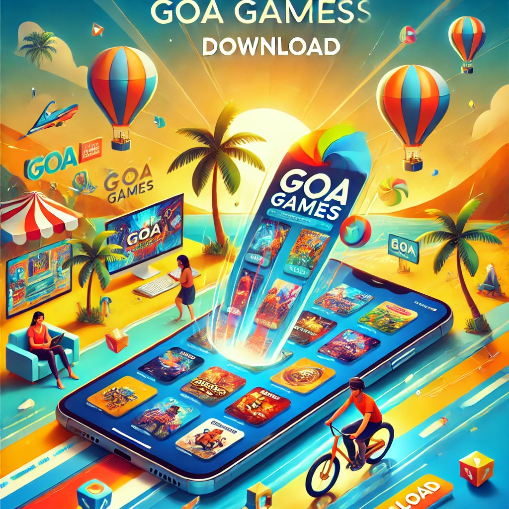 Goa Games App Download interface displayed on a smartphone with a vibrant tropical Goa-themed background featuring palm trees and golden beaches.