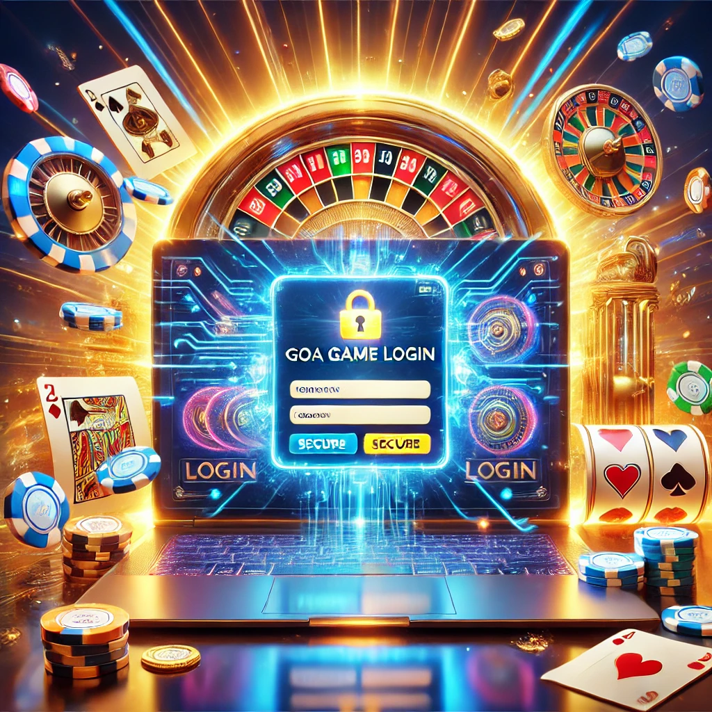 Online gaming interface with Goa Game Login on a laptop screen, surrounded by casino chips, cards, and a slot machine.